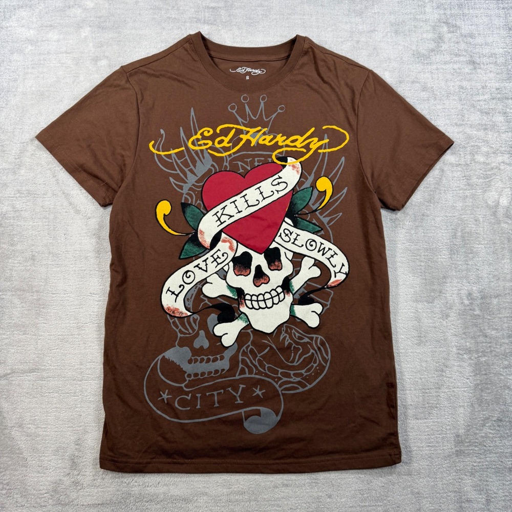 Ed Hardy Shirt Mens Small Brown Love Kills Slowly Skull Graphic Y2K Streetwear
